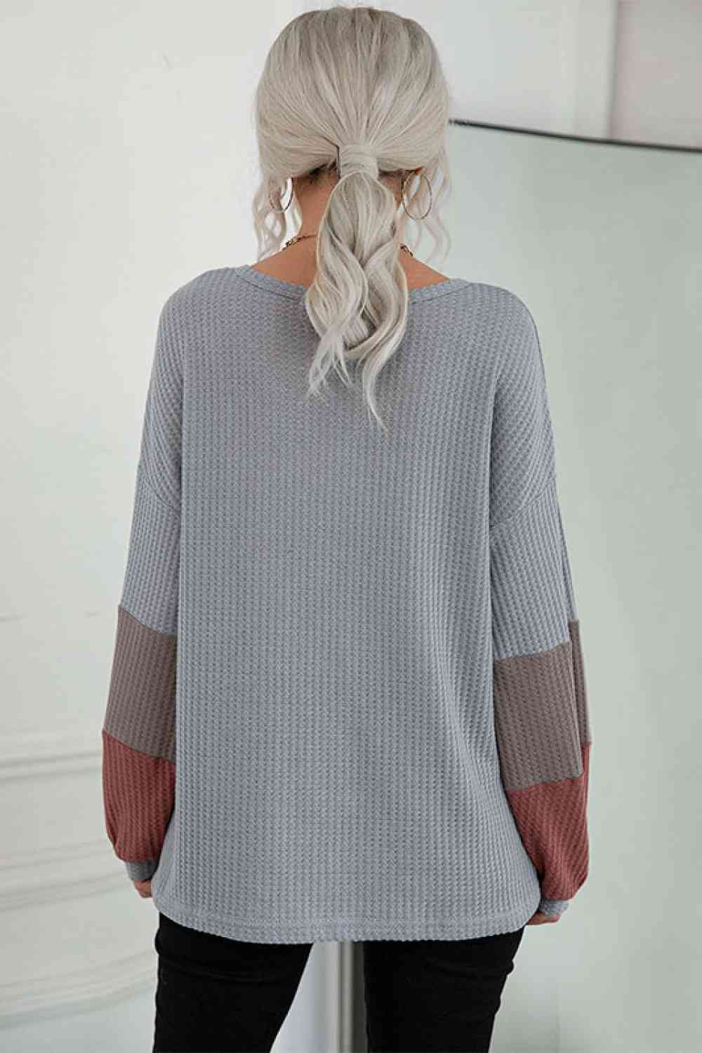 Elisabeth Color Block Sleeve Waffle Knit Top
