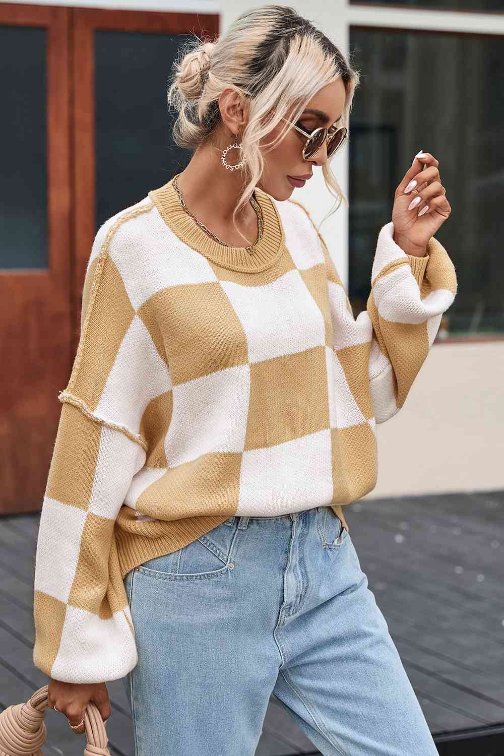 Savanna Checkered Exposed Seam Sweater