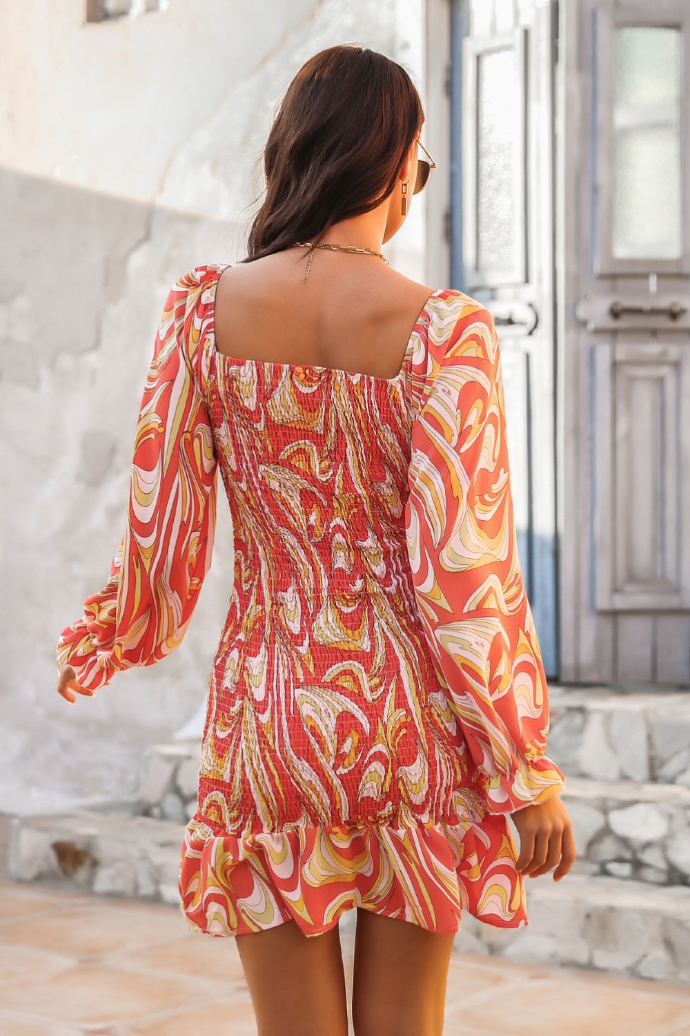 Abstract Smocked Mini Dress