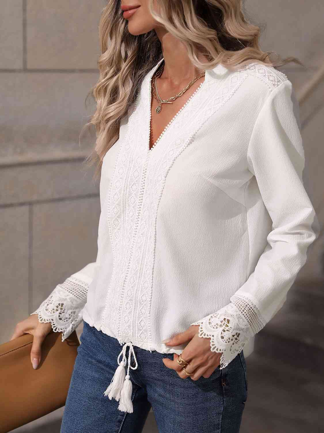 Victoria V-Neck Long Sleeve Lace Trim Blouse