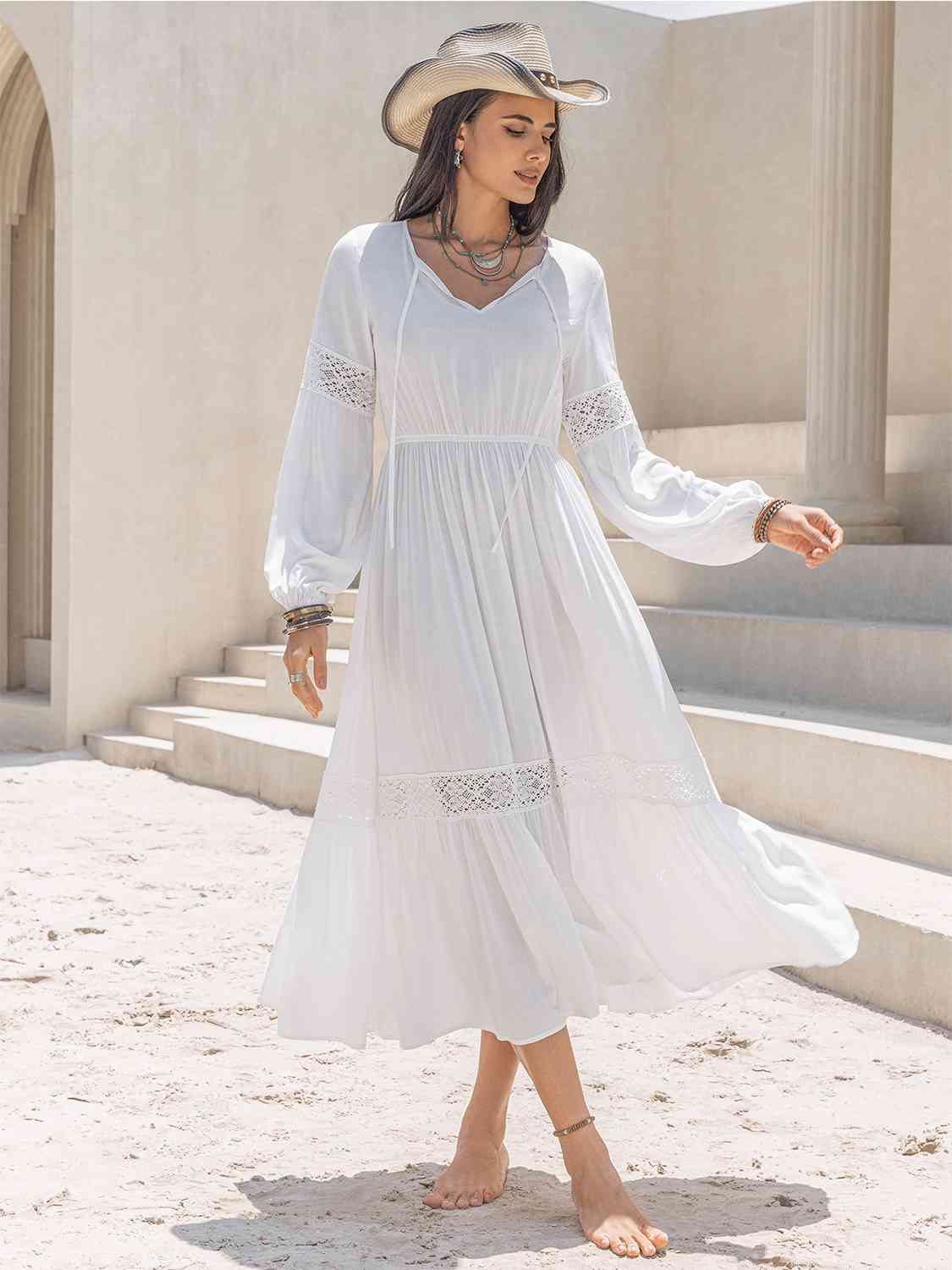 Olivia Tie Neck Balloon Sleeve Midi Dress – Britney Olivia Tie Neck Balloon Sleeve Midi Dress – Britney