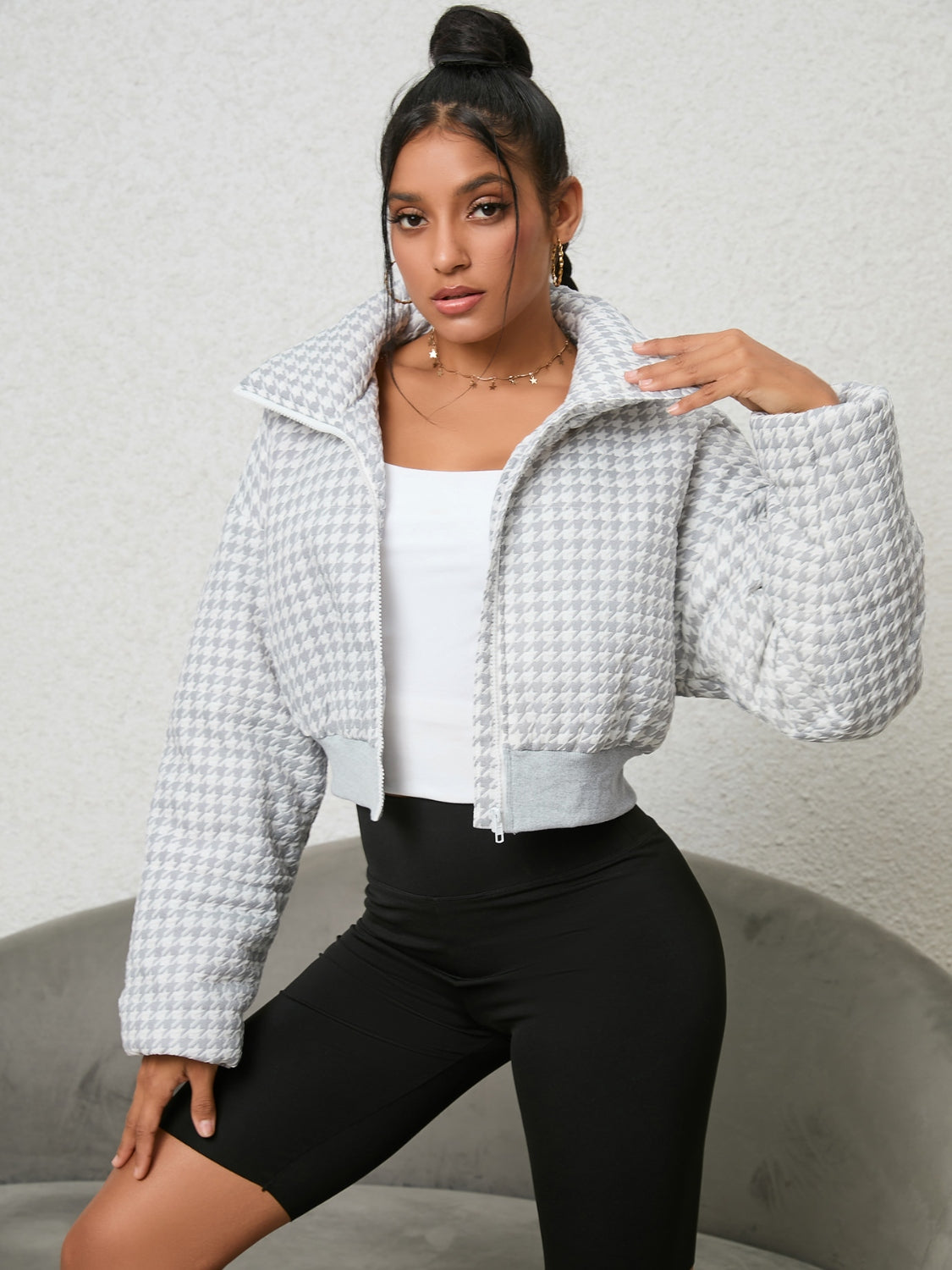Trendy Confessions Houndstooth Zip-Up Jacket