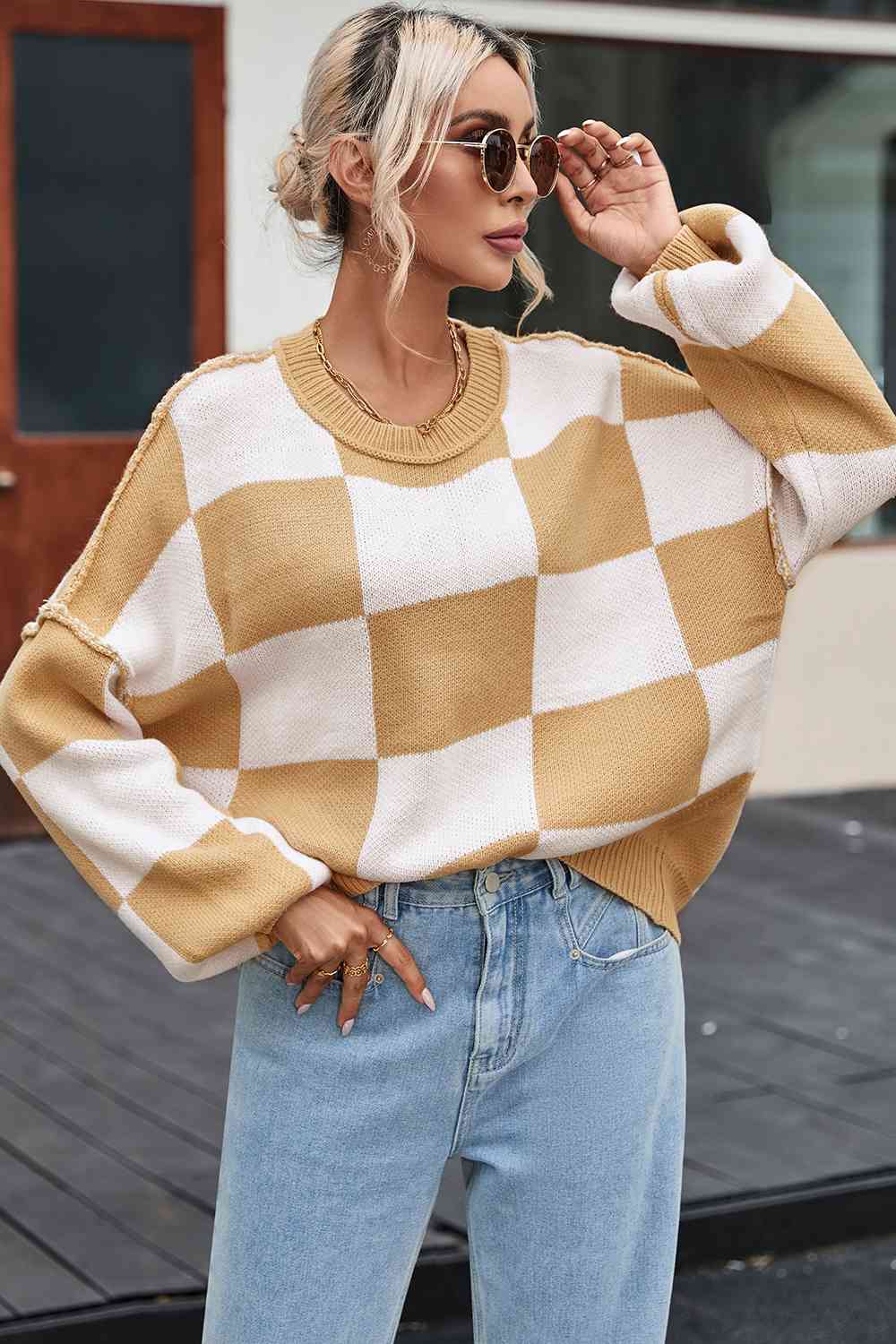 Savanna Checkered Exposed Seam Sweater