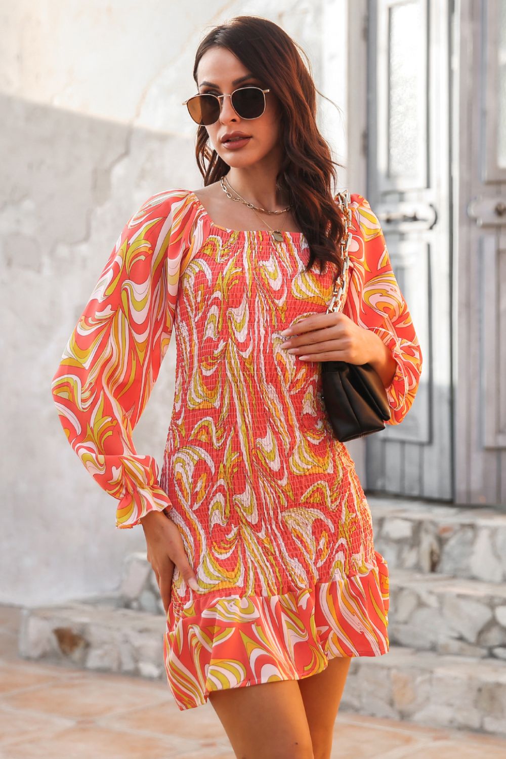 Abstract Smocked Mini Dress
