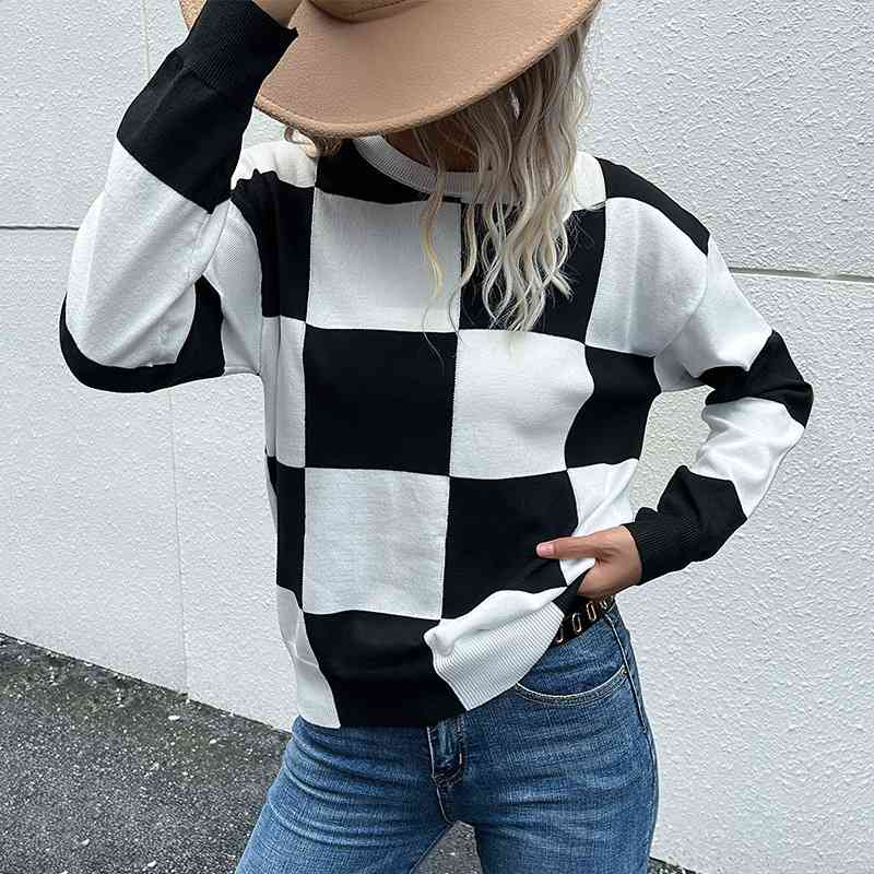 Mind Games Checkered Knit Pullover