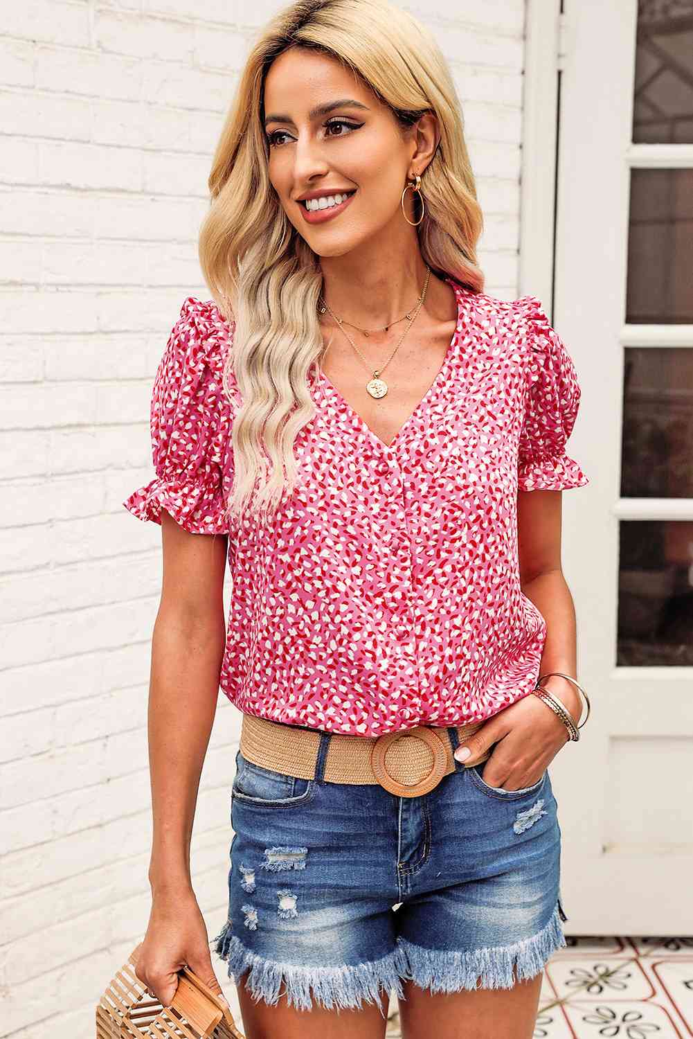 Ashley Flounce Sleeve Plunge Blouse