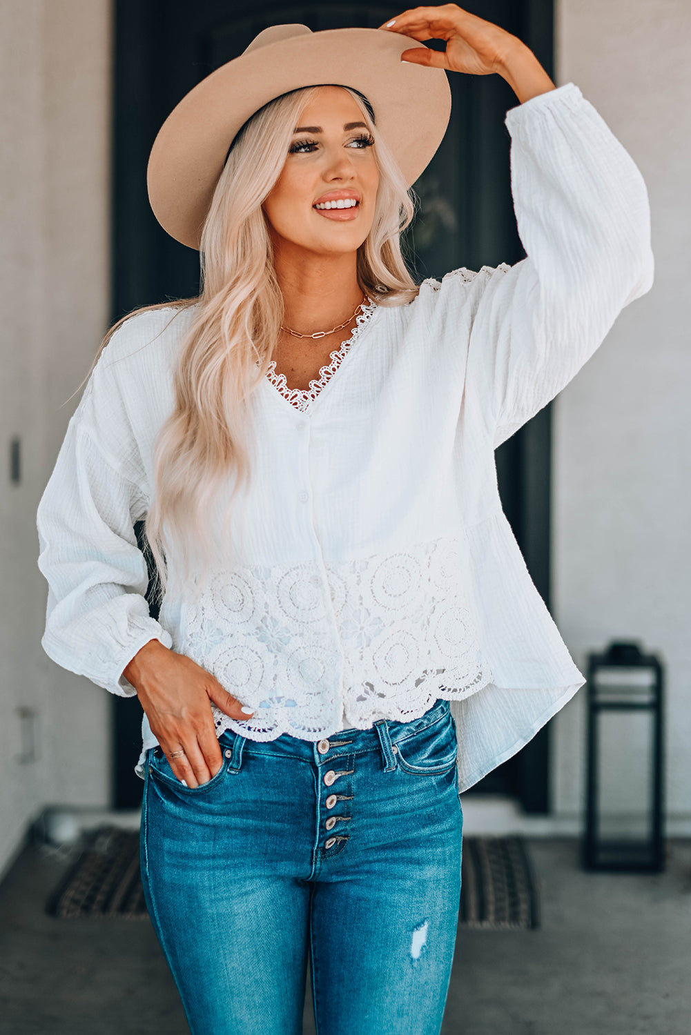 Here For You Spliced Lace Blouse