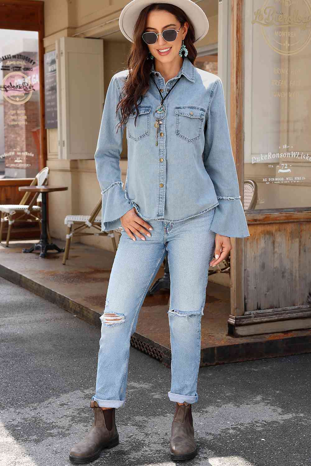 Tessa Button Front Flare Sleeve Denim Top
