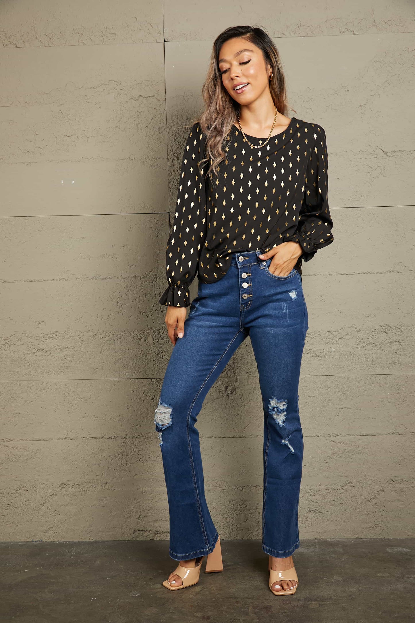 Noemi Round Neck Flounce Sleeve Blouse