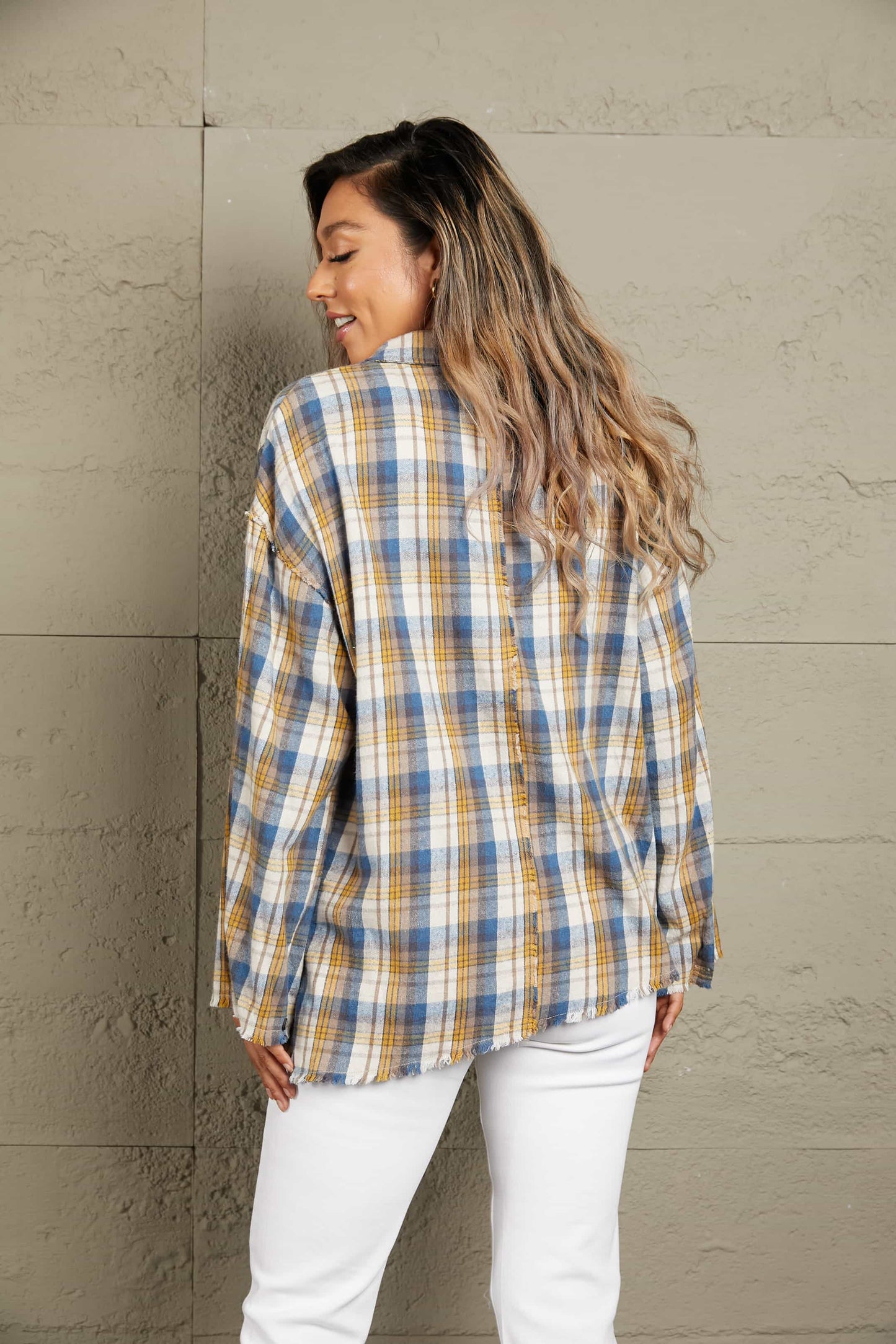 Outdoor Play Plaid Raw Hem Blouse