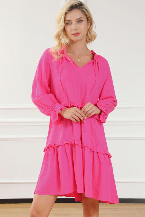 Ellianna Tie Neck Flounce Sleeve Tiered Dress
