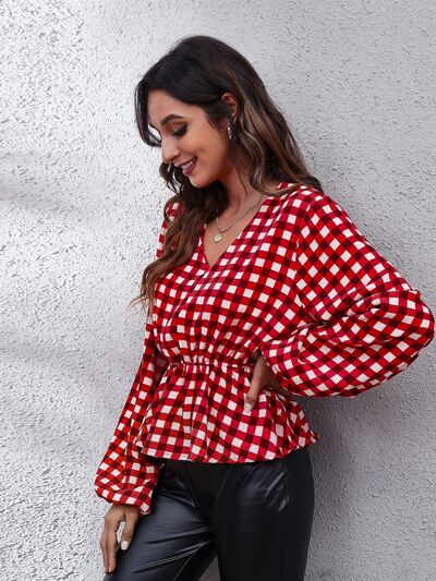 Picnic Plaid Balloon Sleeve Peplum Blouse