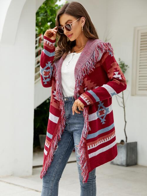 Maeve Fringe Geometric Hooded Long Sleeve Cardigan