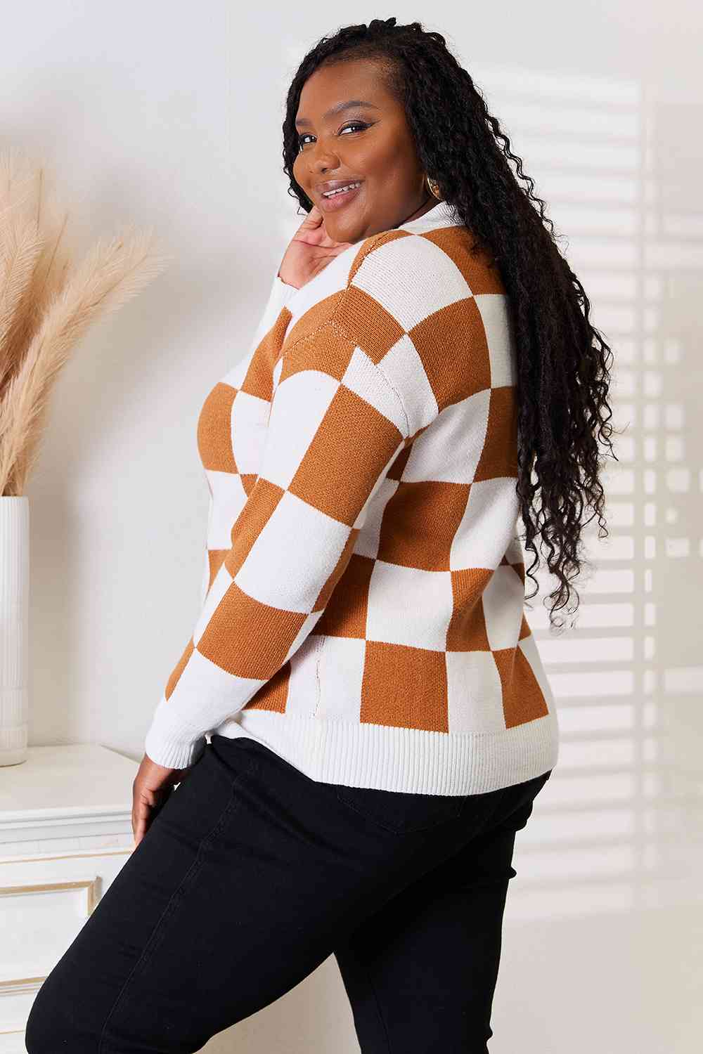 Checkered Button-Up V-Neck Cardigan