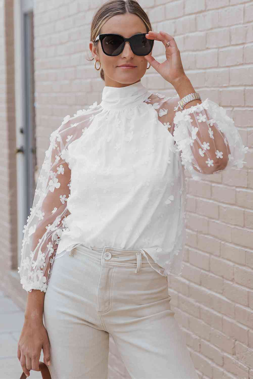 Haven Mock Neck Long Sleeve Applique Blouse
