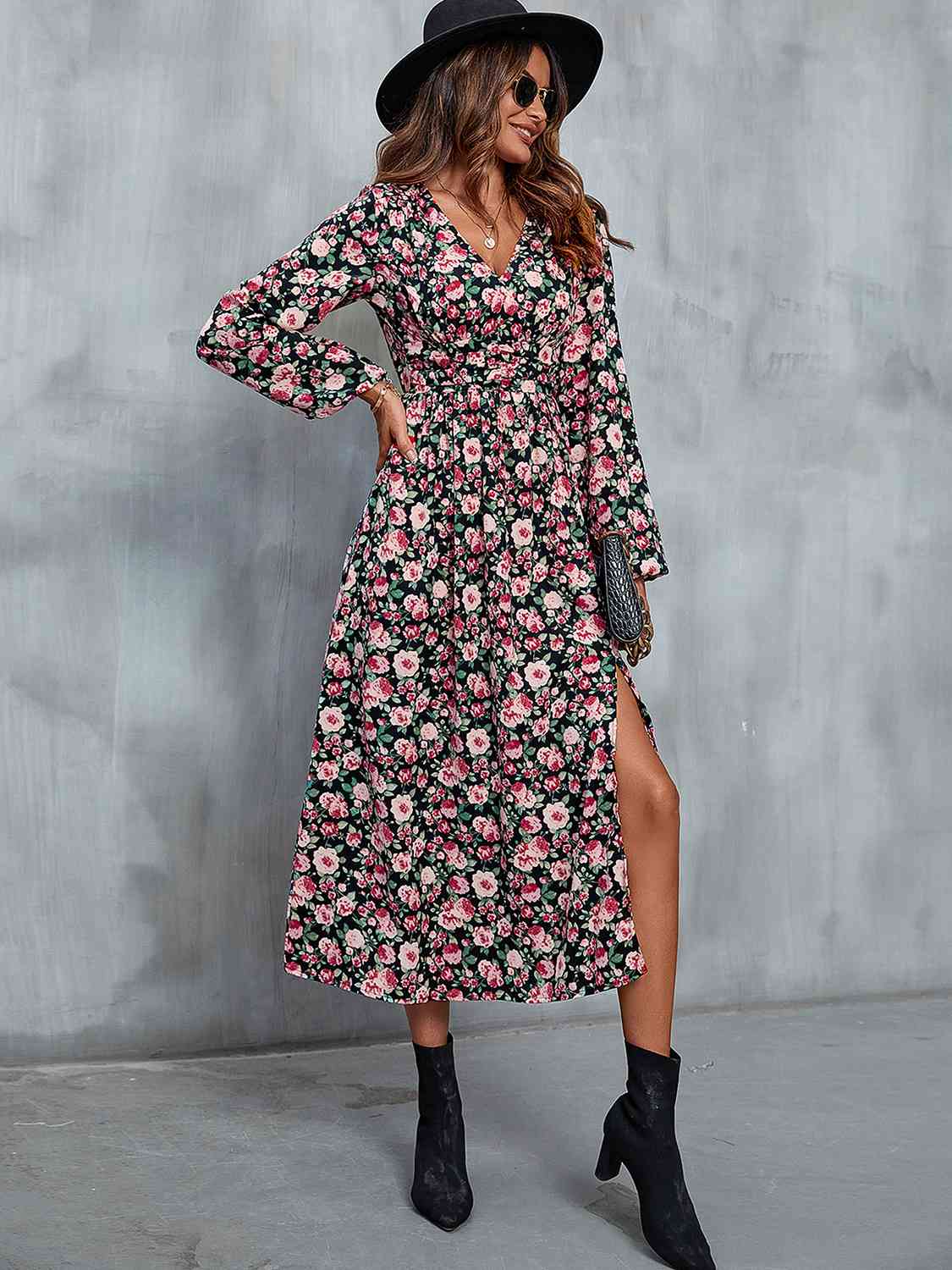 Sariah Floral V-Neck Slit Midi Dress