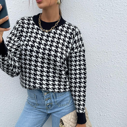 Kara Houndstooth Round Neck Sweater