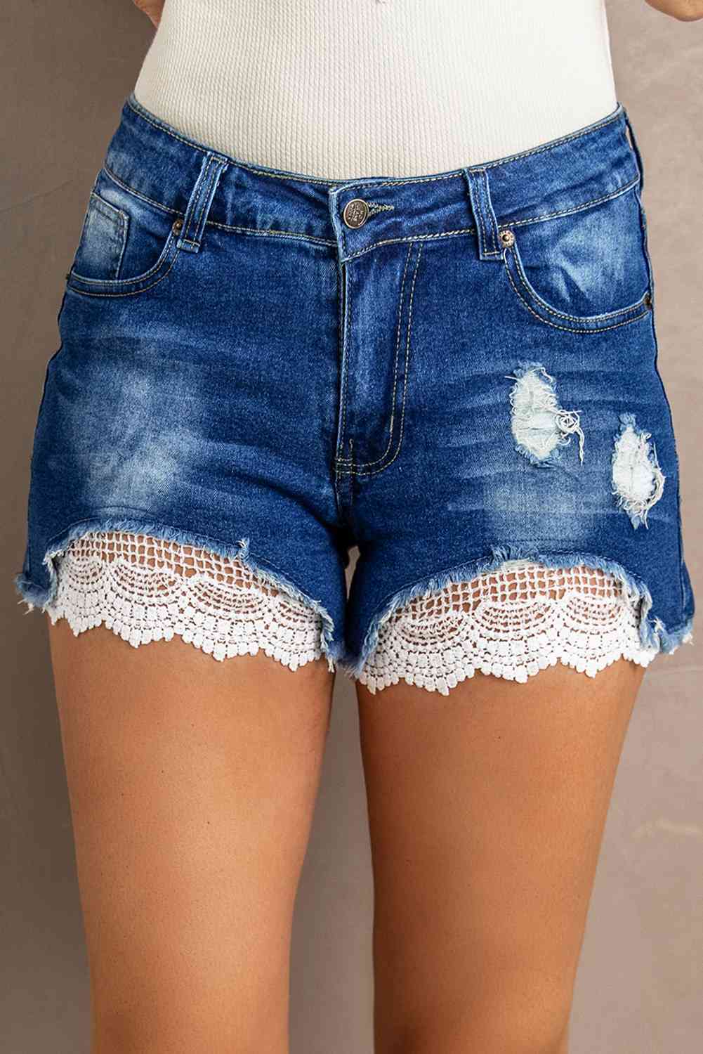 Dorothy Spliced Lace Distressed Denim Shorts