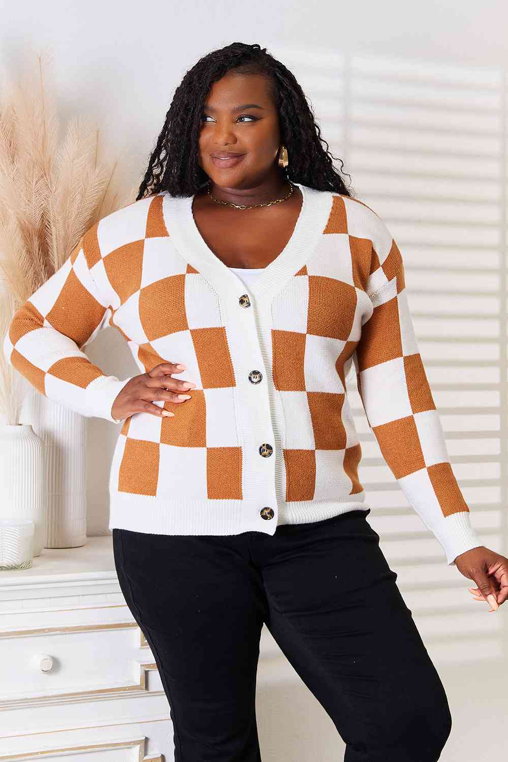 Checkered Button-Up V-Neck Cardigan