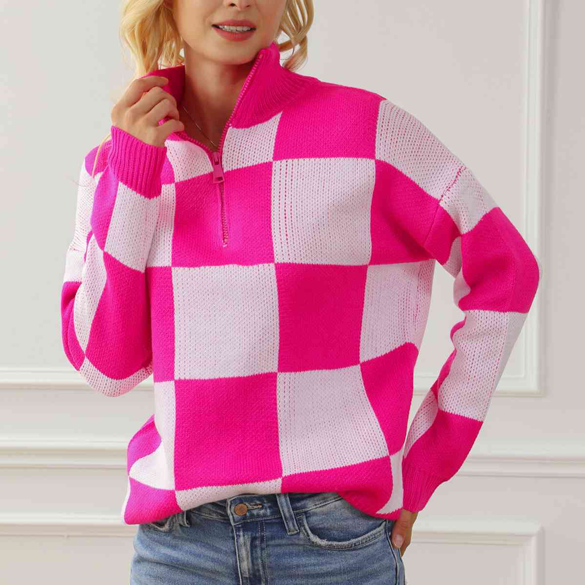 Time To Play Checkered Half Zip Pullover