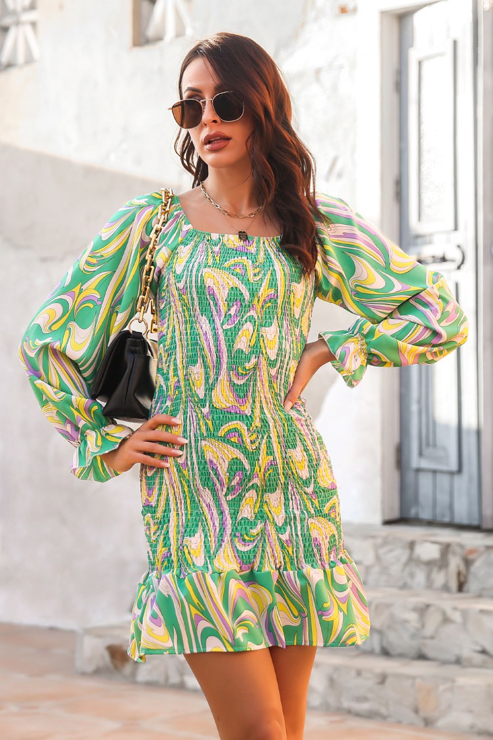 Abstract Smocked Mini Dress