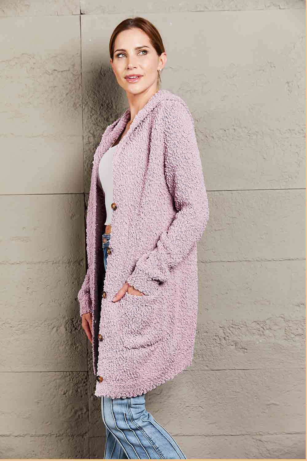 Marsa Popcorn-Knit Hooded Cardigan