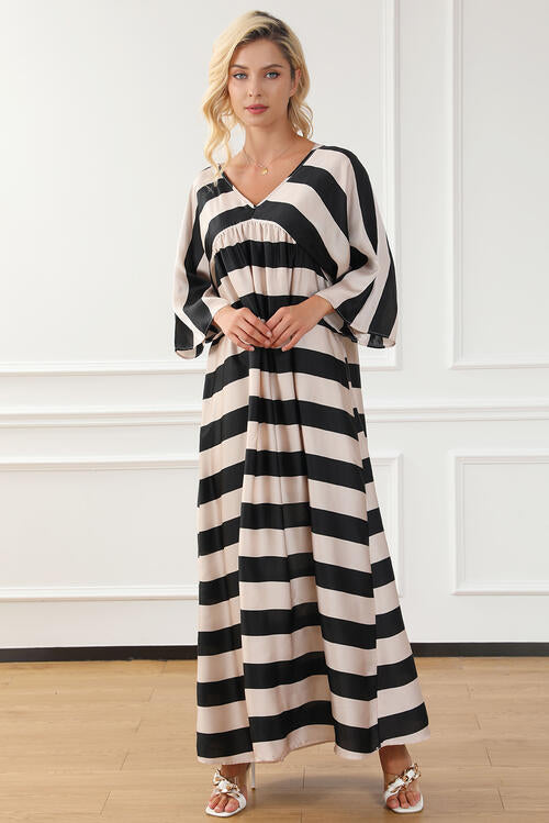 Brooke Striped V-Neck Ruched Dress