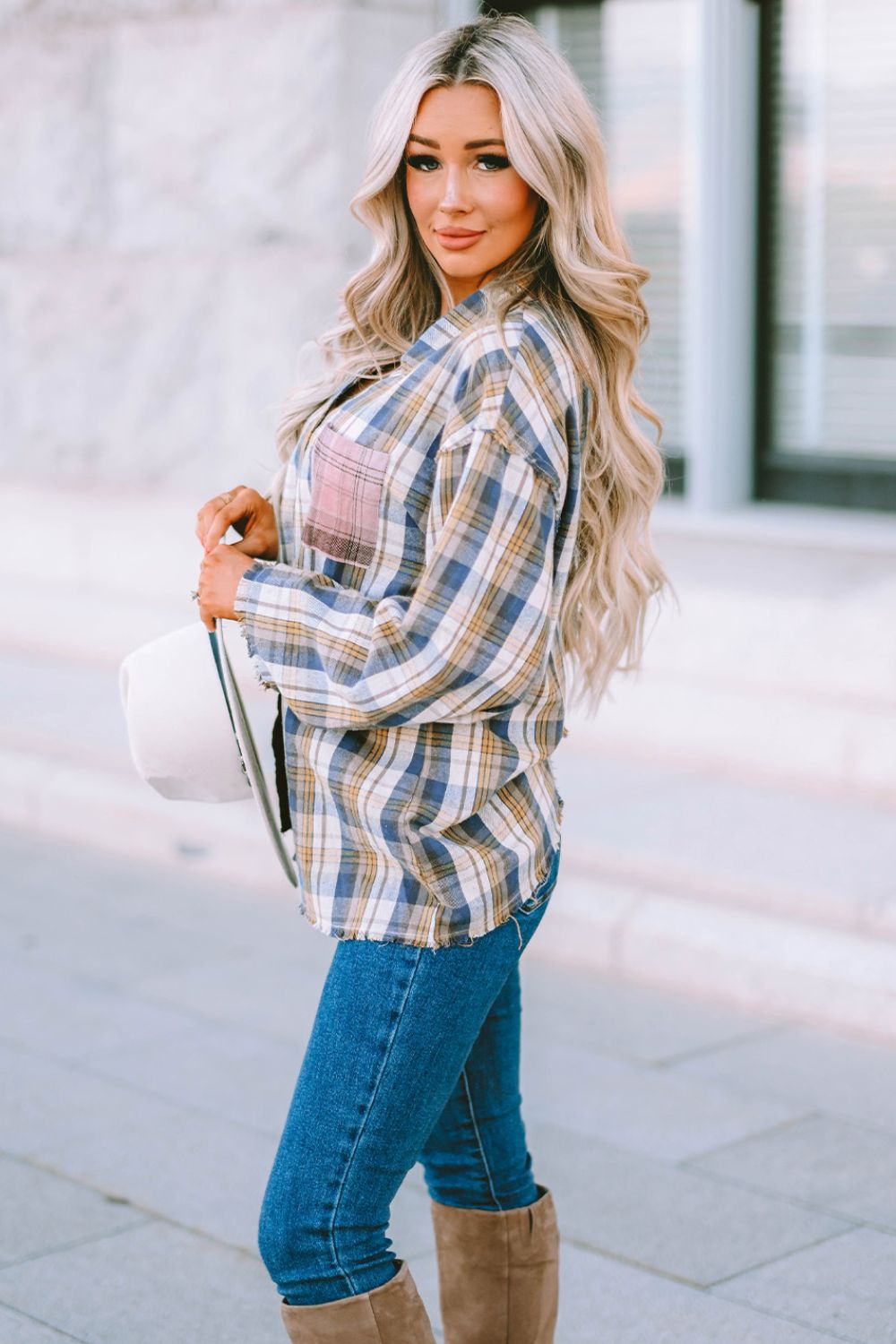 Outdoor Play Plaid Raw Hem Blouse
