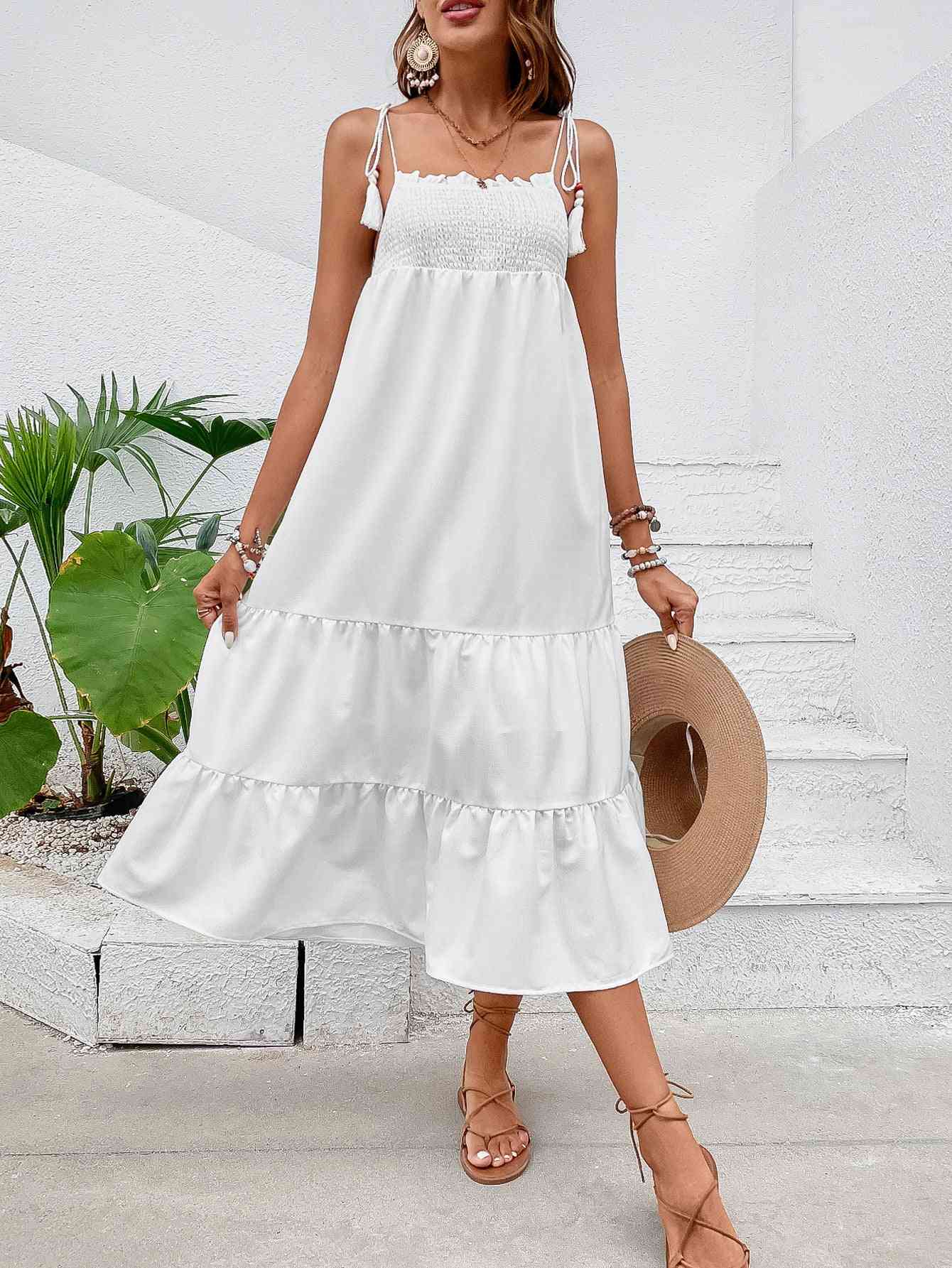 Kaydence Tie-Shoulder Smocked Midi Dress