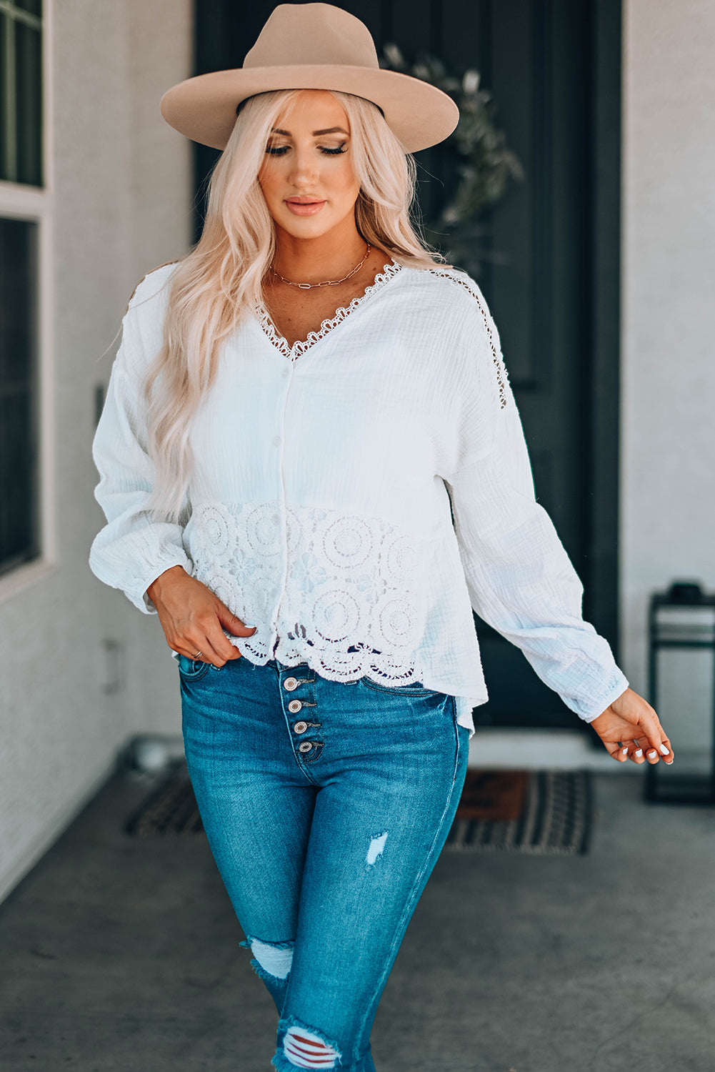 Here For You Spliced Lace Blouse
