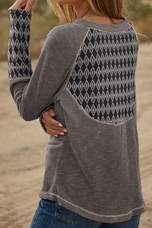 Ariah Geometric Round Neck Long Sleeve Top