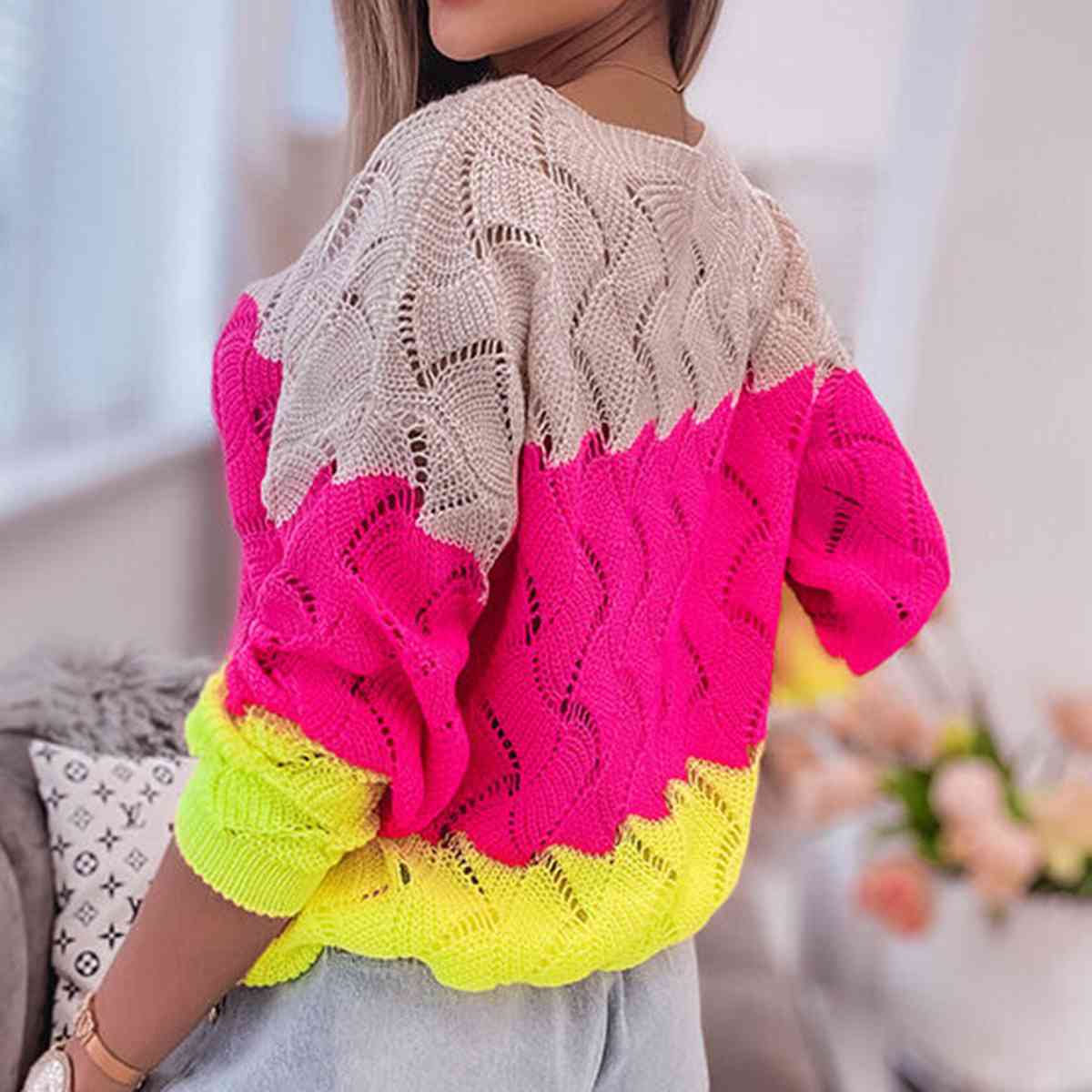Darling Openwork Color Block Sweater