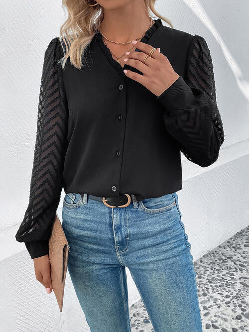 Alicia Mesh V-Neck Button Front Blouse