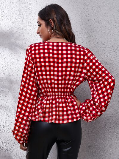 Picnic Plaid Balloon Sleeve Peplum Blouse
