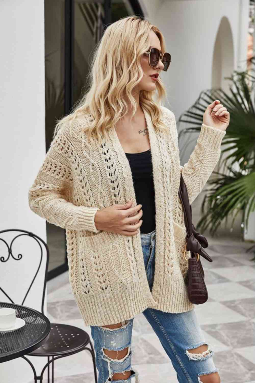 Mya Ribbed Trim Openwork Open Front Cardigan
