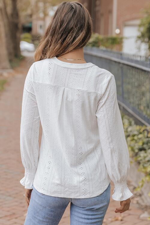 Sylvie Openwork Notched Flounce Sleeve Blouse