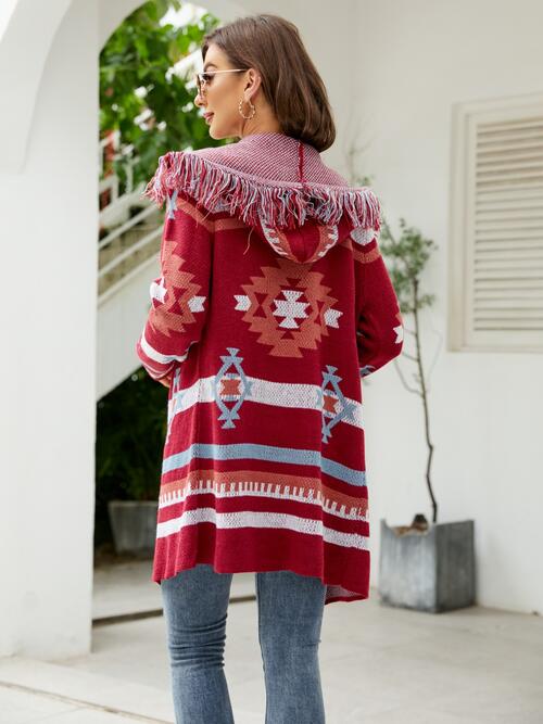 Maeve Fringe Geometric Hooded Long Sleeve Cardigan