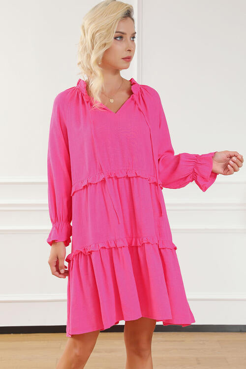 Ellianna Tie Neck Flounce Sleeve Tiered Dress
