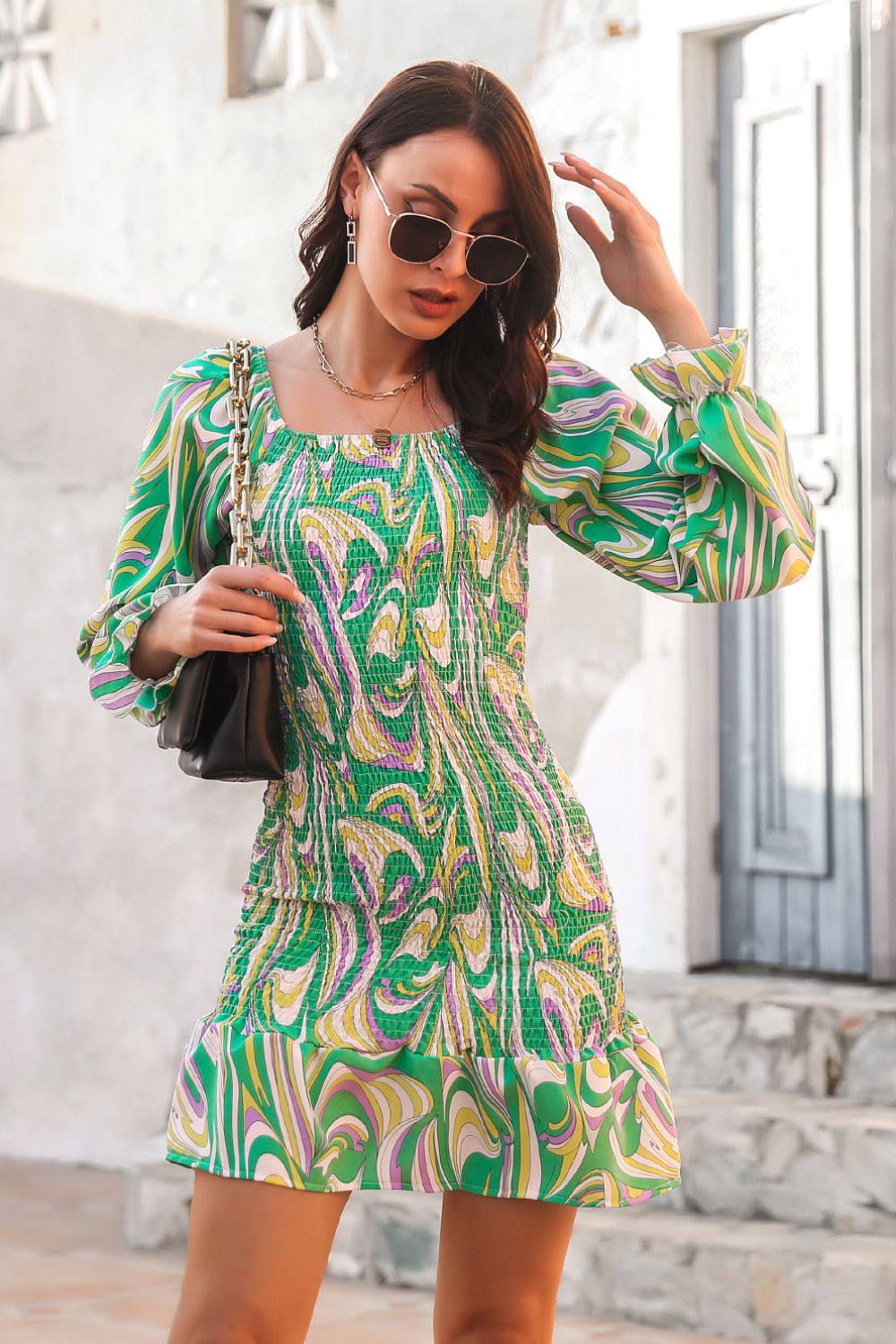 Abstract Smocked Mini Dress