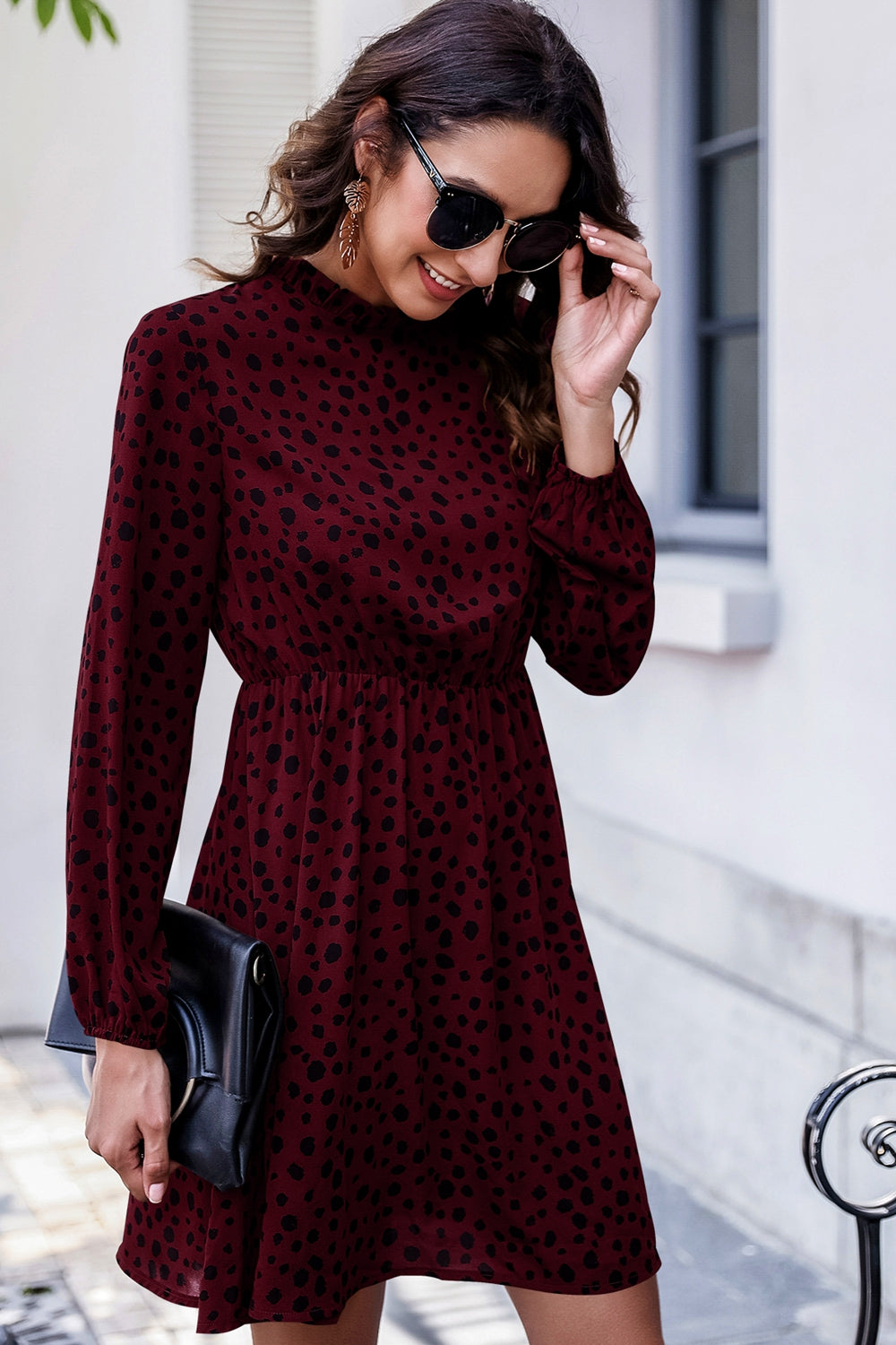 Arianna Spotted Mock Neck Mini Dress