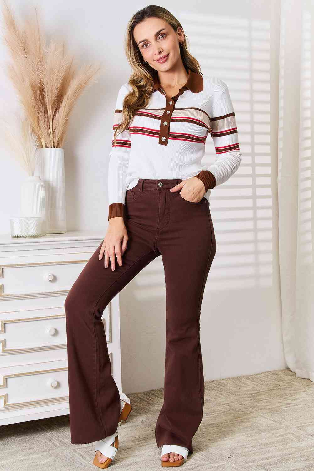 Wrenley Striped Collared Neck Rib-Knit Top