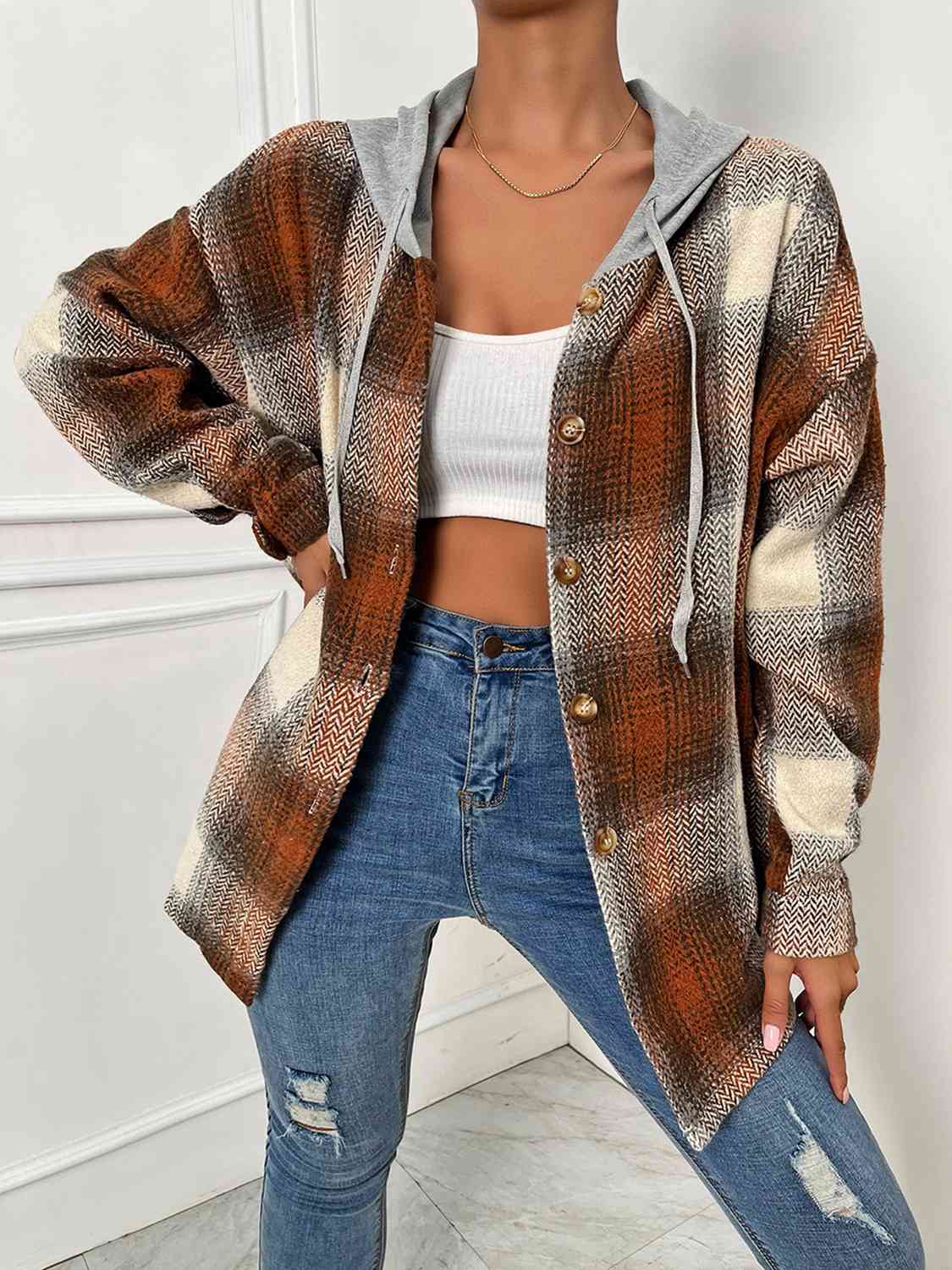 Lisa Plaid Drawstring Hooded Jacket