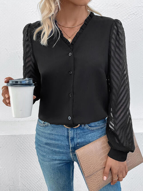 Alicia Mesh V-Neck Button Front Blouse