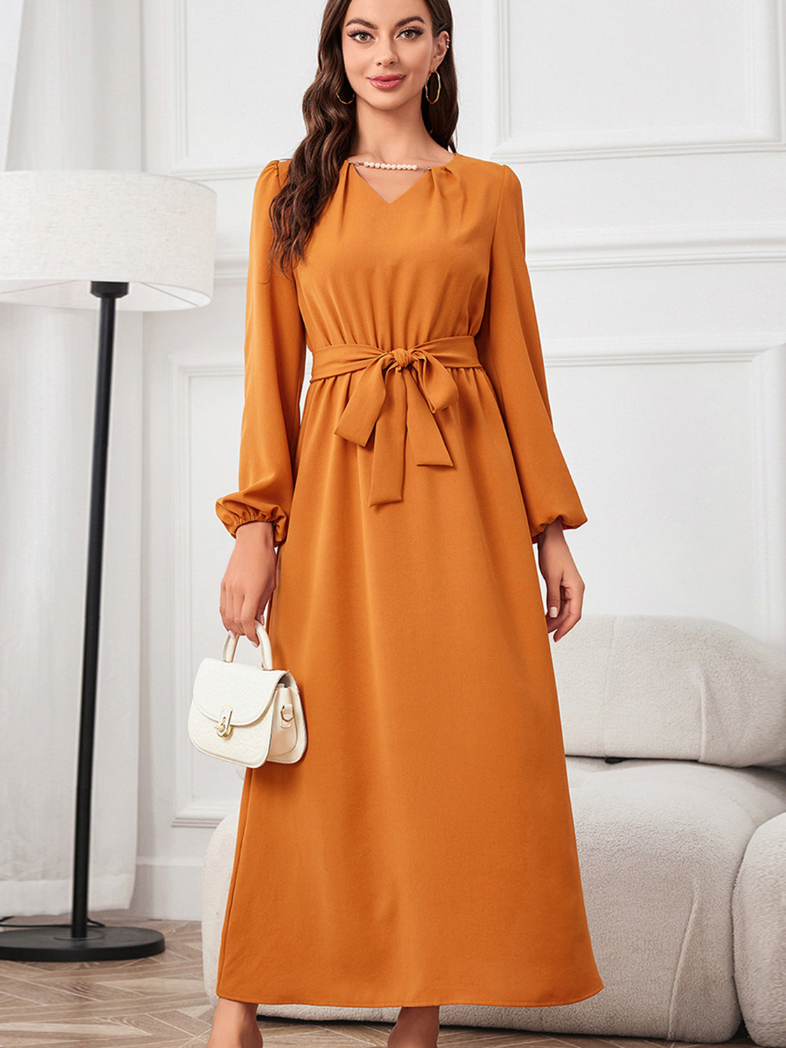 Pumpkin Spice Tie Waist Maxi Dress