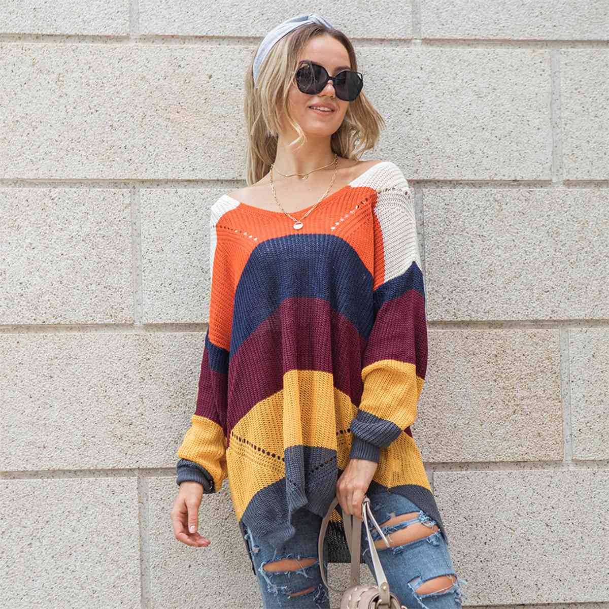 Artistic Color Block Openwork Sweater
