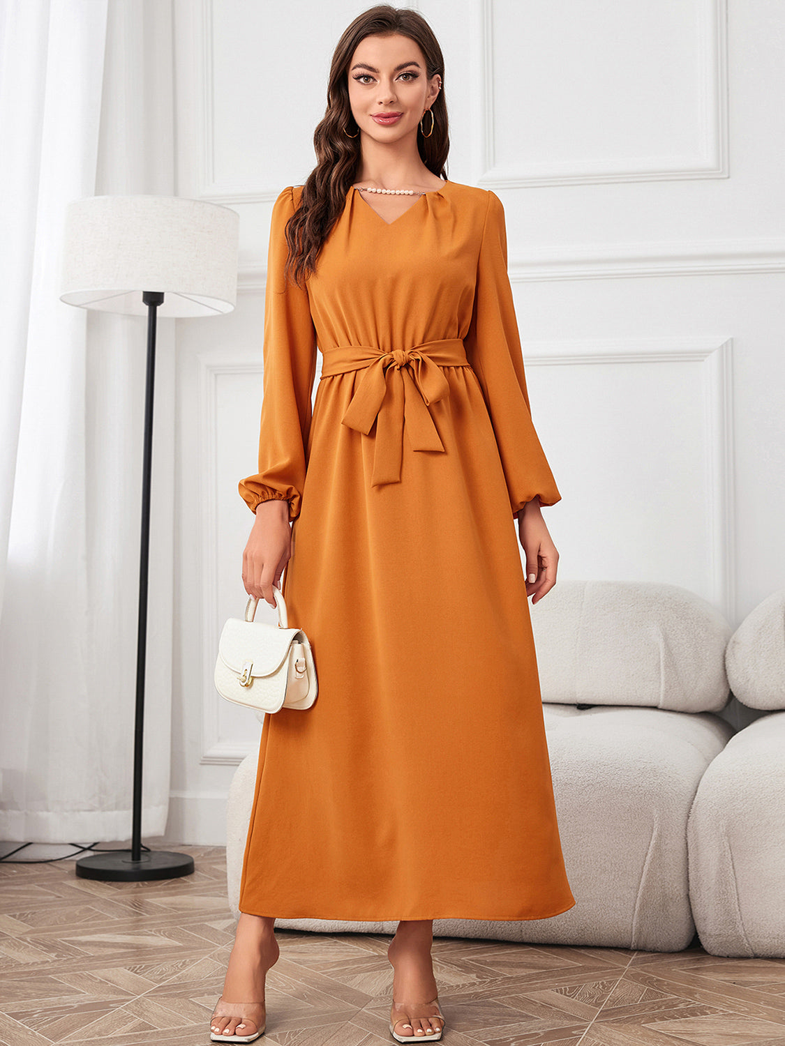 Pumpkin Spice Tie Waist Maxi Dress