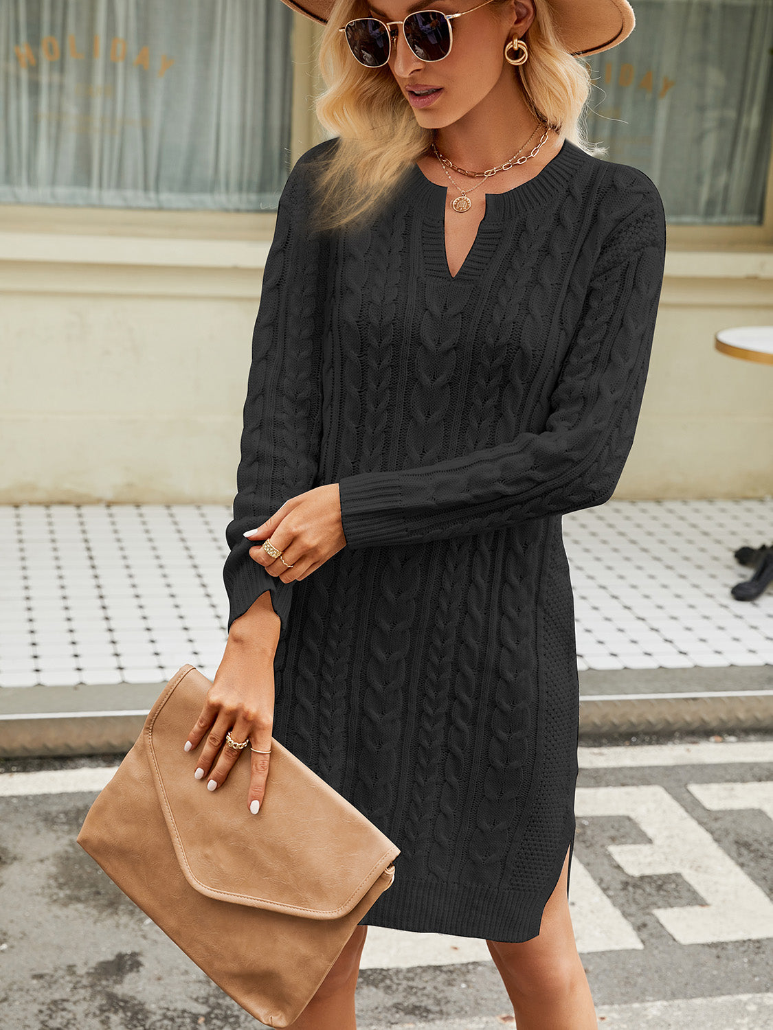 Eleanor Cable-Knit Slit Sweater Dress