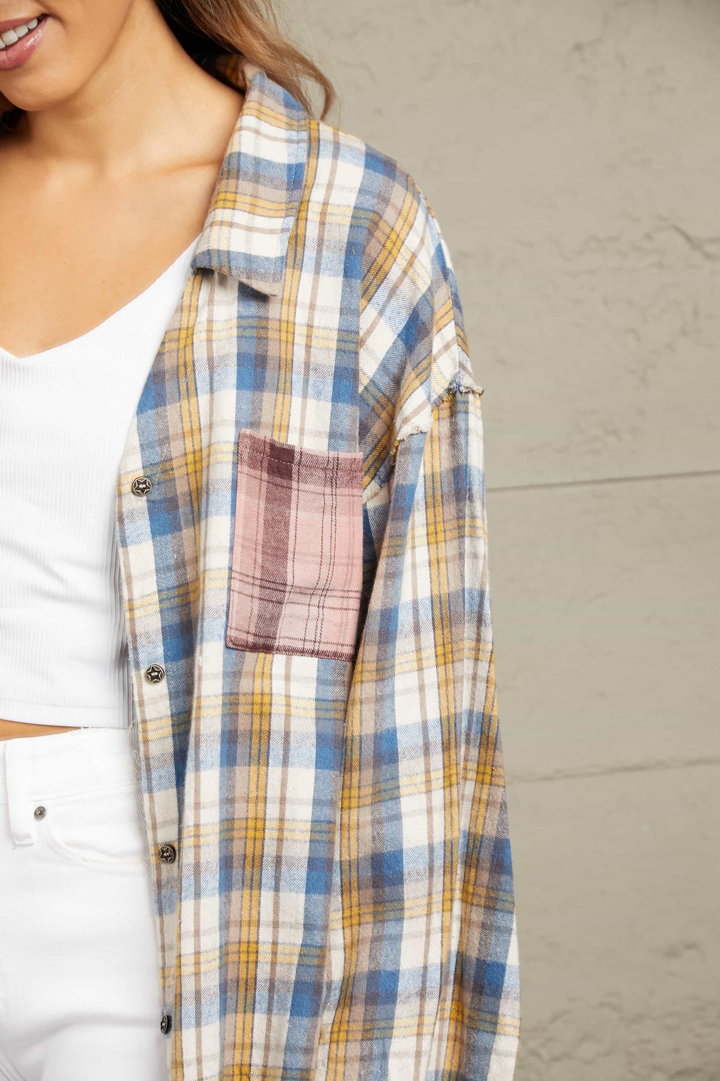 Outdoor Play Plaid Raw Hem Blouse