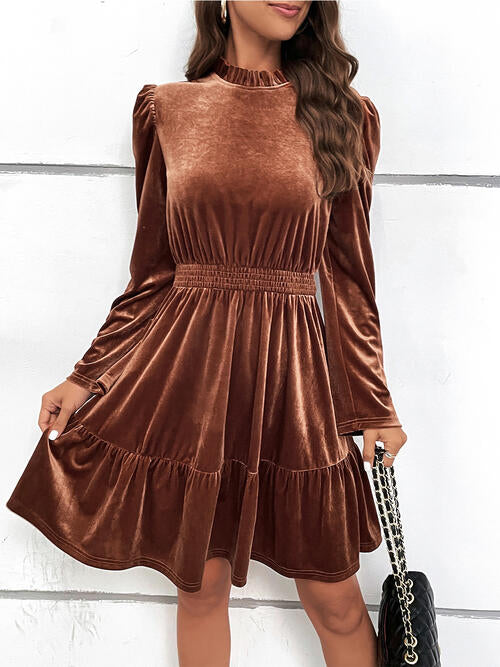 Elyse Smocked Long Sleeve Ruffle Hem Dress