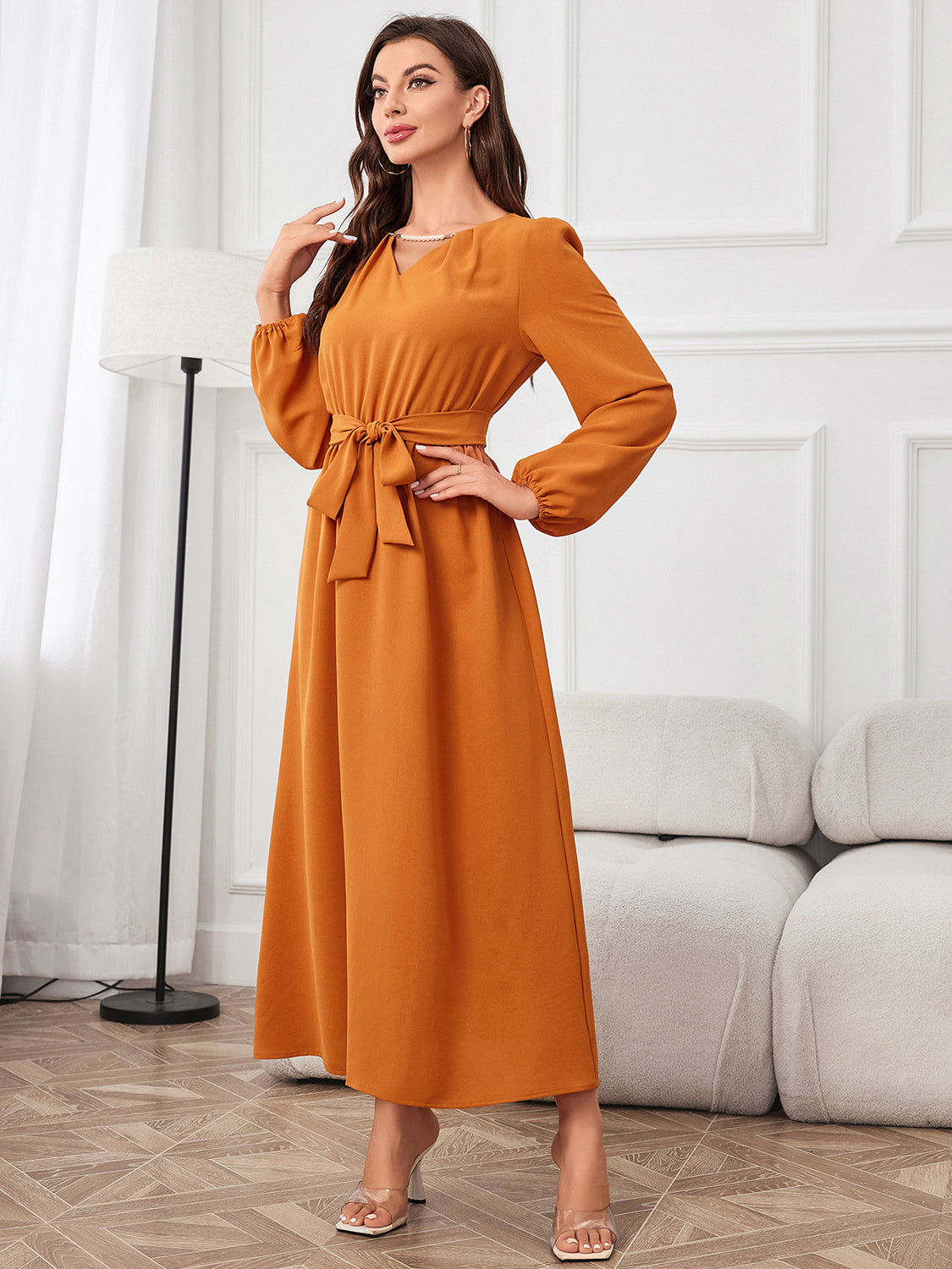 Pumpkin Spice Tie Waist Maxi Dress